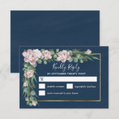 Navy blauw & roze stoffig Roos groen gouden bruilo RSVP Kaartje (Voorkant / Achterkant)