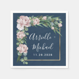 Navy blauw & roze stoffig Roos groen gouden bruilo Servet