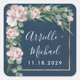 Navy blauw & roze stoffig Roos groen gouden bruilo Vierkante Sticker