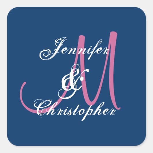 NAVY BLAUW ROZE WIT Monogram Bruiloft Sticker (Voorkant)