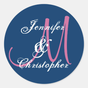 NAVY BLAUW ROZE WIT Monogram Bruiloft Sticker