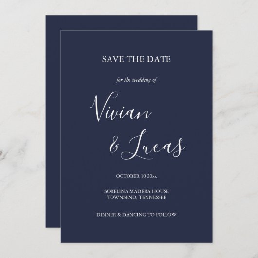 Navy Blauw Script Bruiloft Save the Date (Voorkant / Achterkant)