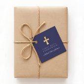 Navy Blauw Script Cross Boy Eerste Communie Bedankjes Labels
