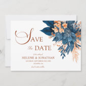 Navy Blauw Sinaasappel Bloementuin Elegante bruilo Save The Date (Voorkant)