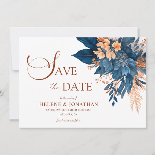 Navy Blauw Sinaasappel Bloementuin Elegante bruilo Save The Date (Voorkant)