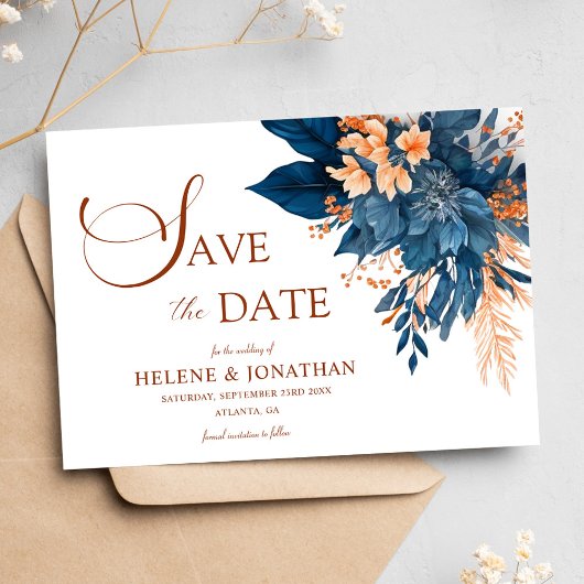 Navy Blauw Sinaasappel Bloementuin Elegante bruilo Save The Date