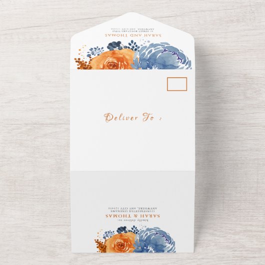 Navy Blauw Sinaasappel Herfst Floral Boho Wedding All In One Uitnodiging (Buitenkant)