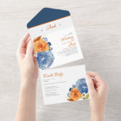Navy Blauw Sinaasappel Herfst Floral Boho Wedding All In One Uitnodiging (Afscheurbaar)