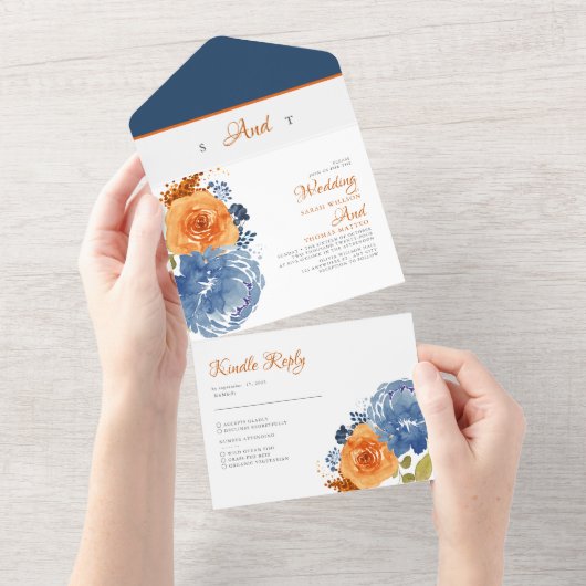 Navy Blauw Sinaasappel Herfst Floral Boho Wedding All In One Uitnodiging (Afscheurbaar)