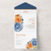 Navy Blauw Sinaasappel Herfst Floral Boho Wedding All In One Uitnodiging (Binnen)