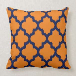 Navy Blauw & Sinaasappel Quatrefoil Ikat Pattern Kussen