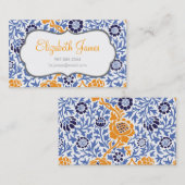 Navy Blauw & Sinaasappel Retro Bloemen Damask Visitekaartje (Voorkant / Achterkant)