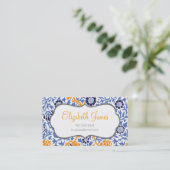 Navy Blauw & Sinaasappel Retro Bloemen Damask Visitekaartje (Staand voorkant)