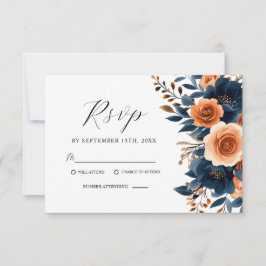 Navy Blauw Sinaasappel Terracotta Bloemen Elegante RSVP Kaartje