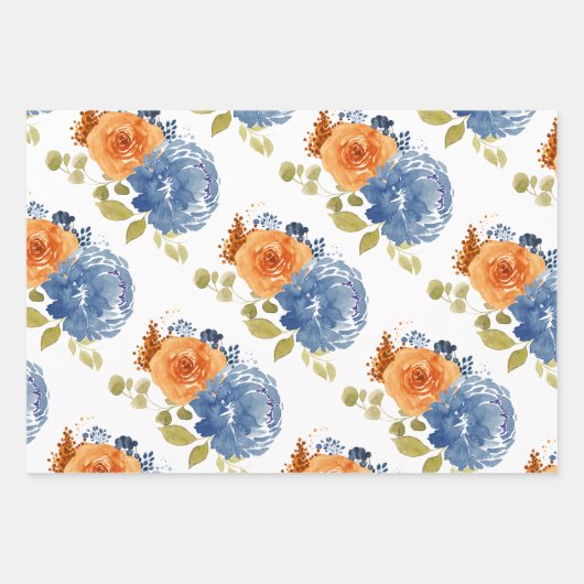 Navy Blauw Sinaasappel Terracotta Boho Floral Inpakpapier Vel (Voorkant 3)