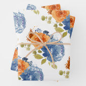 Navy Blauw Sinaasappel Terracotta Boho Floral Inpakpapier Vel (In situ)
