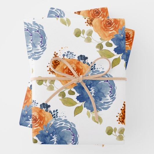 Navy Blauw Sinaasappel Terracotta Boho Floral Inpakpapier Vel (In situ)