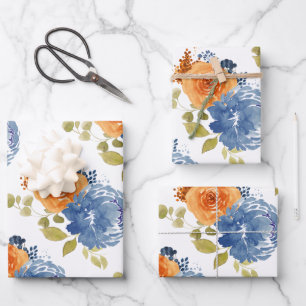 Navy Blauw Sinaasappel Terracotta Boho Floral Inpakpapier Vel