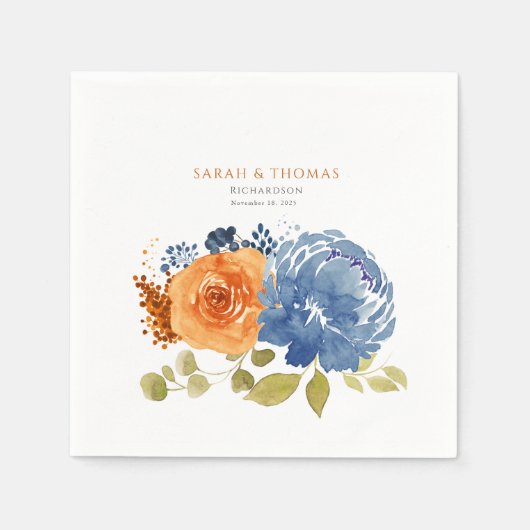 Navy Blauw Sinaasappel Terracotta Boho Floral Servet (Voorkant)