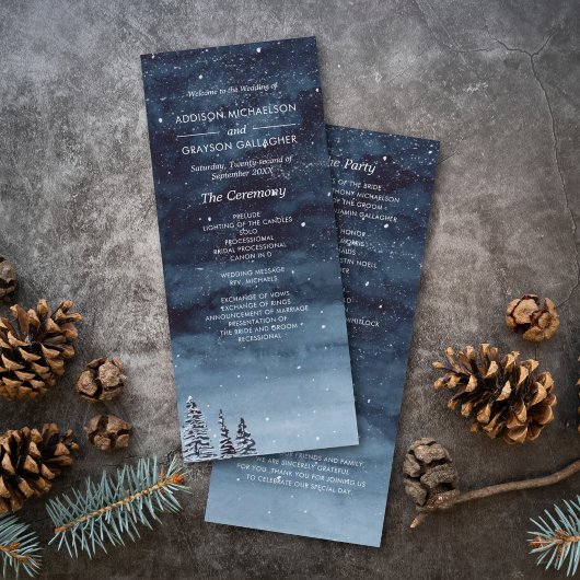 Navy Blauw Sneeuw Winter Nacht Wonderland Bruiloft Programmakaart