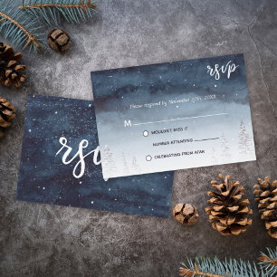 Navy blauw sneeuw winter scène bruiloft RSVP Kaart