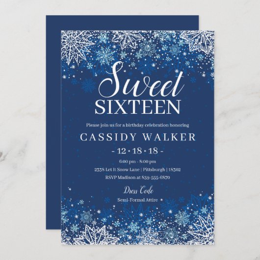 Navy Blauw Sneeuwvlok Winter Zoet 16 Verjaardag Kaart (Voorkant / Achterkant)