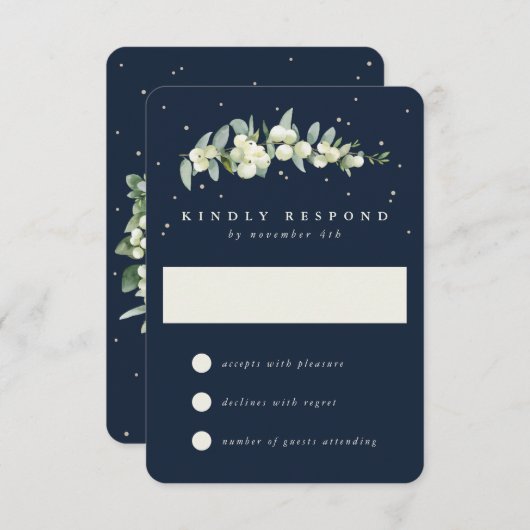 Navy Blauw Snowberry + Eucalyptus Winter bruiloft RSVP Kaartje (Voorkant / Achterkant)