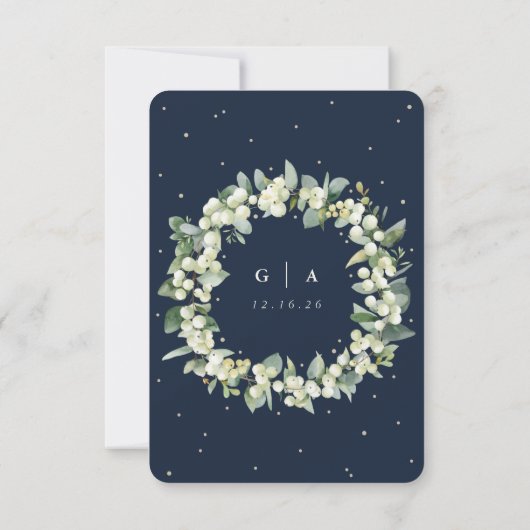 Navy Blauw Snowberry + Eucalyptus Winter bruiloft RSVP Kaartje (Achterkant)