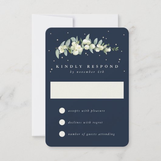 Navy Blauw Snowberry + Eucalyptus Winter bruiloft RSVP Kaartje (Voorkant)