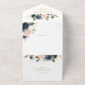 Navy Blauw Stoffig Blush Roze Bloemen Goud Bruilof All In One Uitnodiging (Buitenkant)