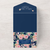 Navy Blauw Stoffig Blush Roze & Perzik Bloemen Bru All In One Uitnodiging (Buitenkant)