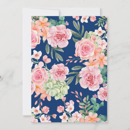 Navy Blauw Stoffig Blush Roze & Perzik Bloemen Bru Kaart (Achterkant)