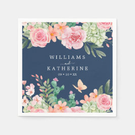 Navy Blauw Stoffig Blush Roze & Perzik Bloemen Bru Servet