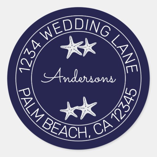 Navy Blauw Strand Bruiloft Zeester Ronde Sticker (Voorkant)