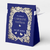 Navy blauw tan bloemblaadje bruiloft bedankdoosjes (Achterkant)