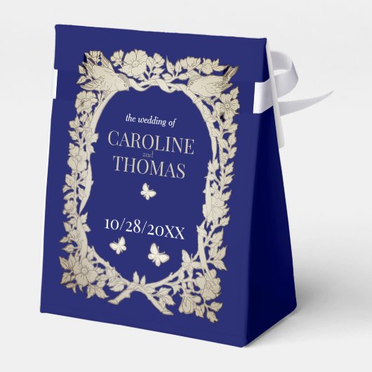 Navy blauw tan bloemblaadje bruiloft bedankdoosjes (Achterkant)