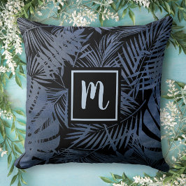 Navy blauw tropisch palmblad, chic modern monogram kussen