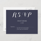 Navy blauw typografie bruiloft RSVP briefkaarten (Voorkant / Achterkant)