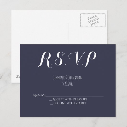 Navy blauw typografie bruiloft RSVP briefkaarten (Voorkant / Achterkant)