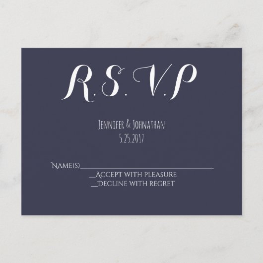 Navy blauw typografie bruiloft RSVP briefkaarten (Voorkant)
