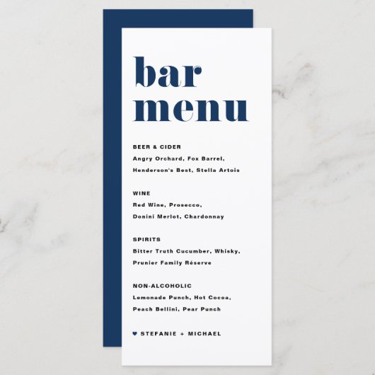 Navy Blauw Vet Retro Typografie Bruiloft Bar Menu (Voorkant / Achterkant)
