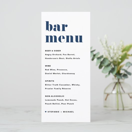 Navy Blauw Vet Retro Typografie Bruiloft Bar Menu (Staand voorkant)