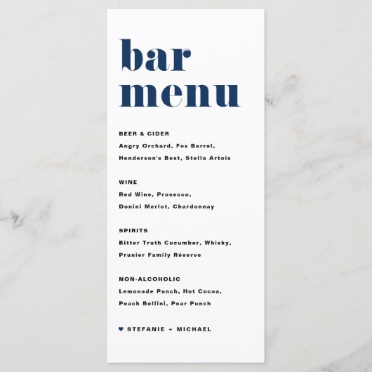Navy Blauw Vet Retro Typografie Bruiloft Bar Menu (Voorkant)