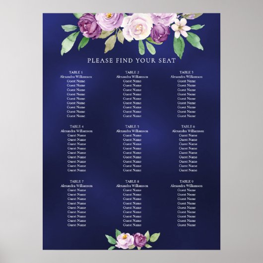 Navy blauw violet bloemen bruiloft zithoek grafiek poster (Voorkant)