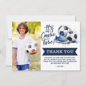 Navy-blauw Voetbal Kids Waterverf Foto Bedankkaart (Voorkant)