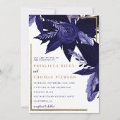 Navy blauw waterverf gouden herfst bloemenbruiloft kaart (Voorkant)