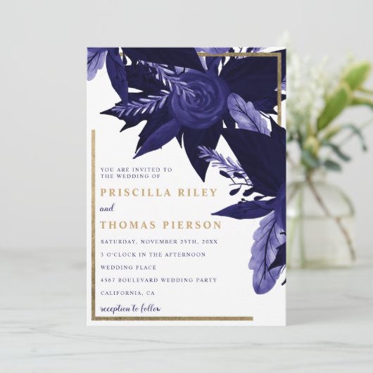 Navy blauw waterverf gouden herfst bloemenbruiloft kaart (Staand voorkant)