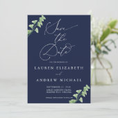 Navy Blauw Waterverf Groen Bewaar de datum Kaart (Staand voorkant)