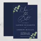 Navy Blauw Waterverf Groen Bewaar de datum Kaart (Voorkant / Achterkant)