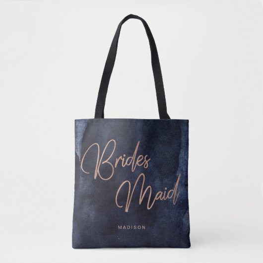 Navy Blauw Waterverf Roos Goud Bruidsmeisje Monogr Tote Bag (Voorkant)
